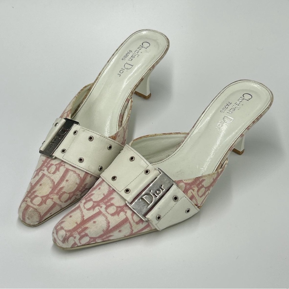 Dior Pink Logo Canvas Mule Heels with White Strap and Silver Buckle SIZE 7.5